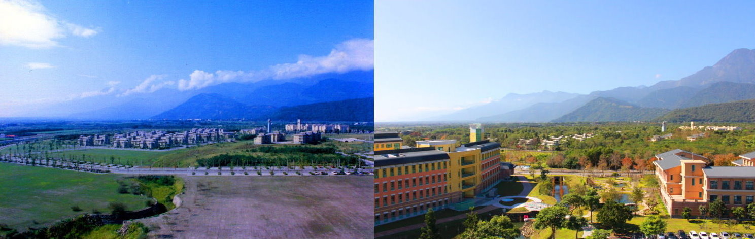 東華大學1997年與2021年藝術學院、芳澤、伊人橋、詩經花園與人社三館(左至右)