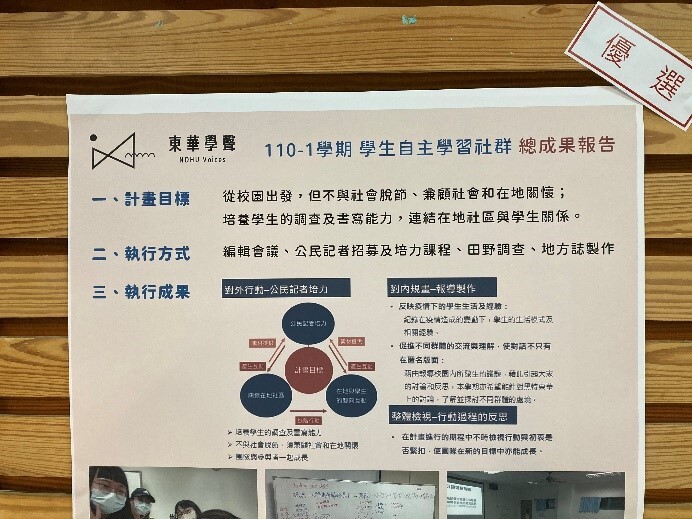 創新創業類-東華學「聲」從校園出發連結在地社區與學生關係,面對疫情影響也能完整執行,並在過程中反覆檢視行動是否緊扣初衷,計畫執行度完整。