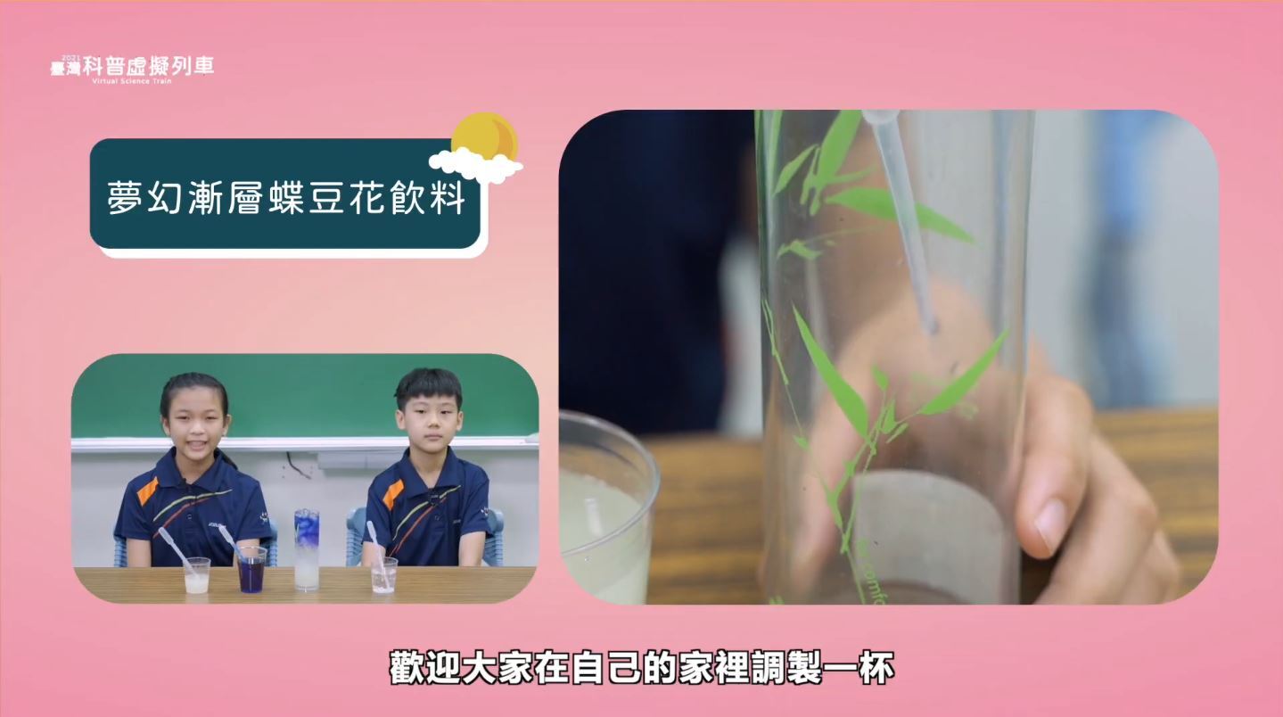 「夢幻漸層蝶豆花飲料」實驗影音由東華大學附設實驗國民小學張慧娟主任與林亭君老師帶領兩位優秀的小關主帶來美味又好玩的蝶豆花飲料動手做
