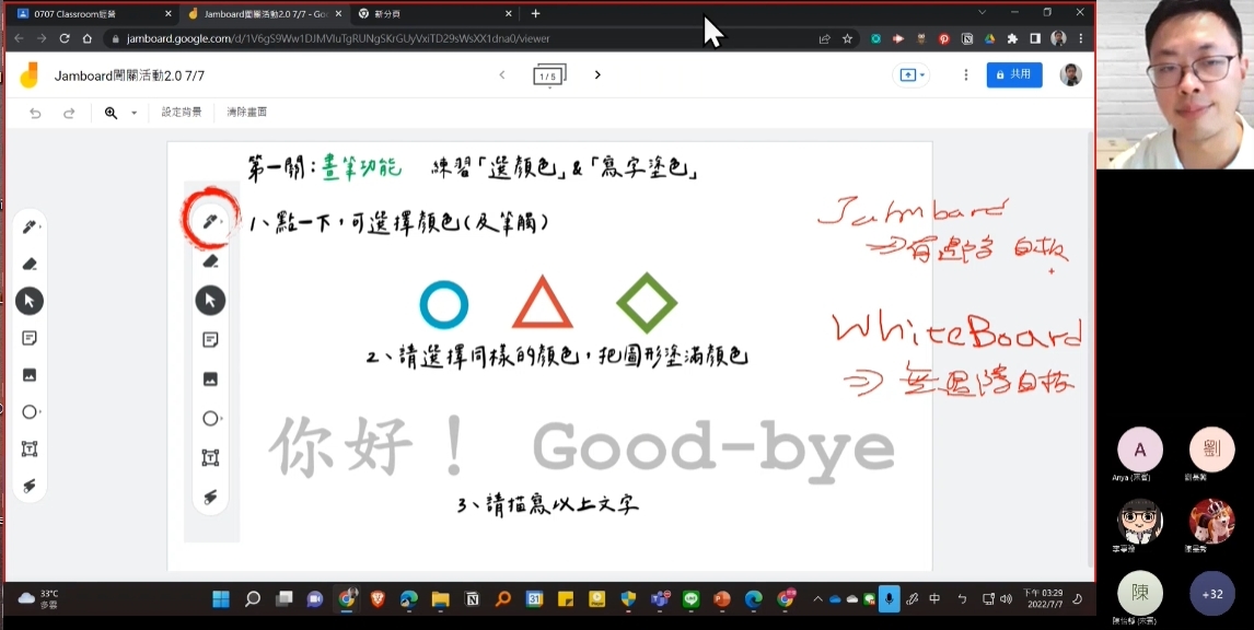 林士傑老師說明WhiteBoard與Jamboard使用差異與介面