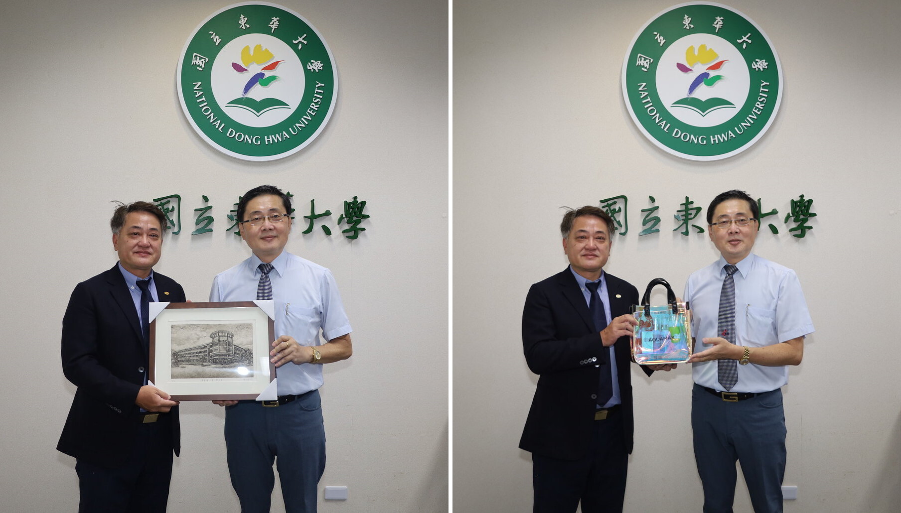 東華大學與景碩科技簽訂產學合作備忘錄後相互致贈紀念品。