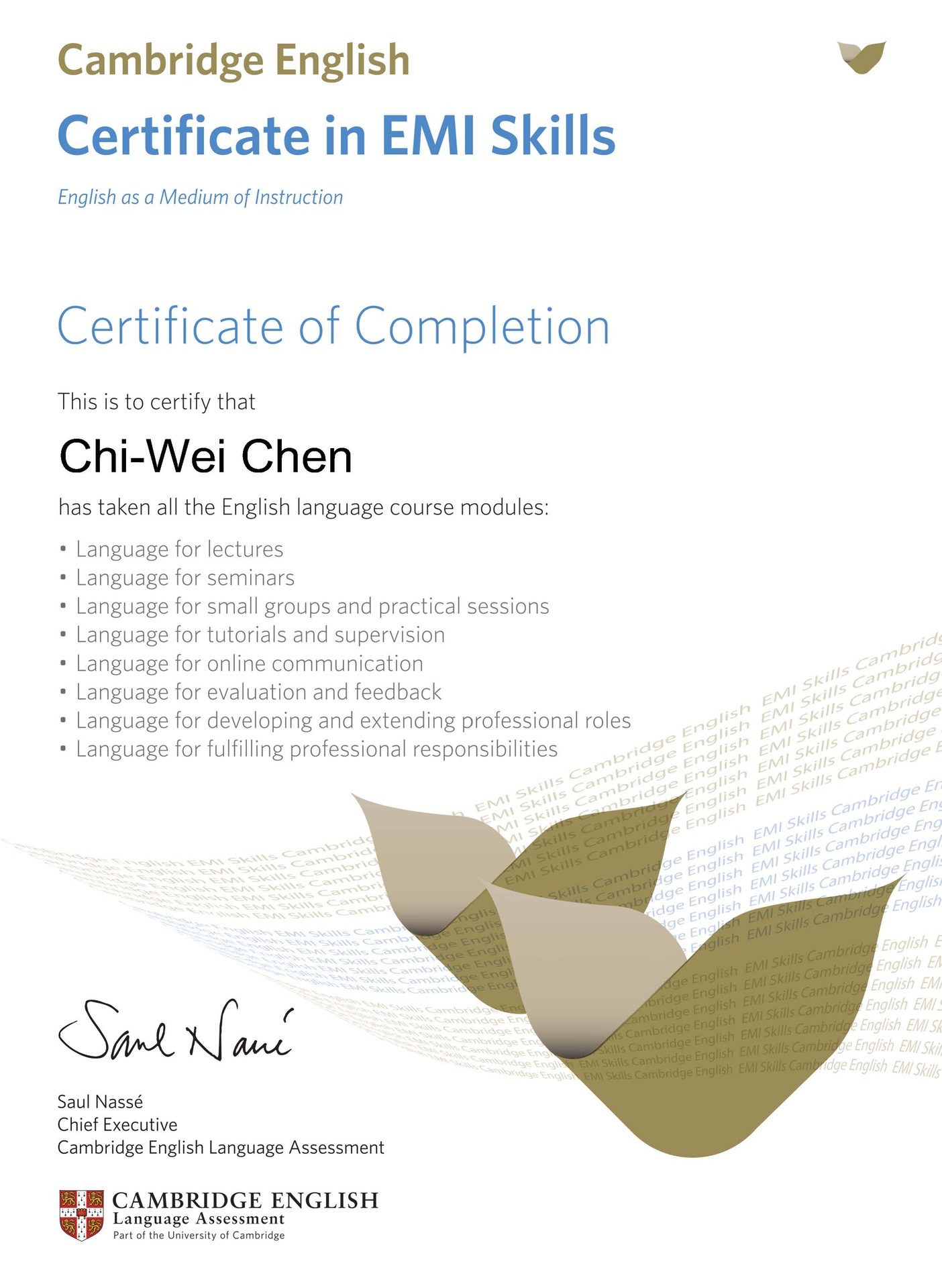 生科系陳季緯老師「Certificate in EMI Skills」證書