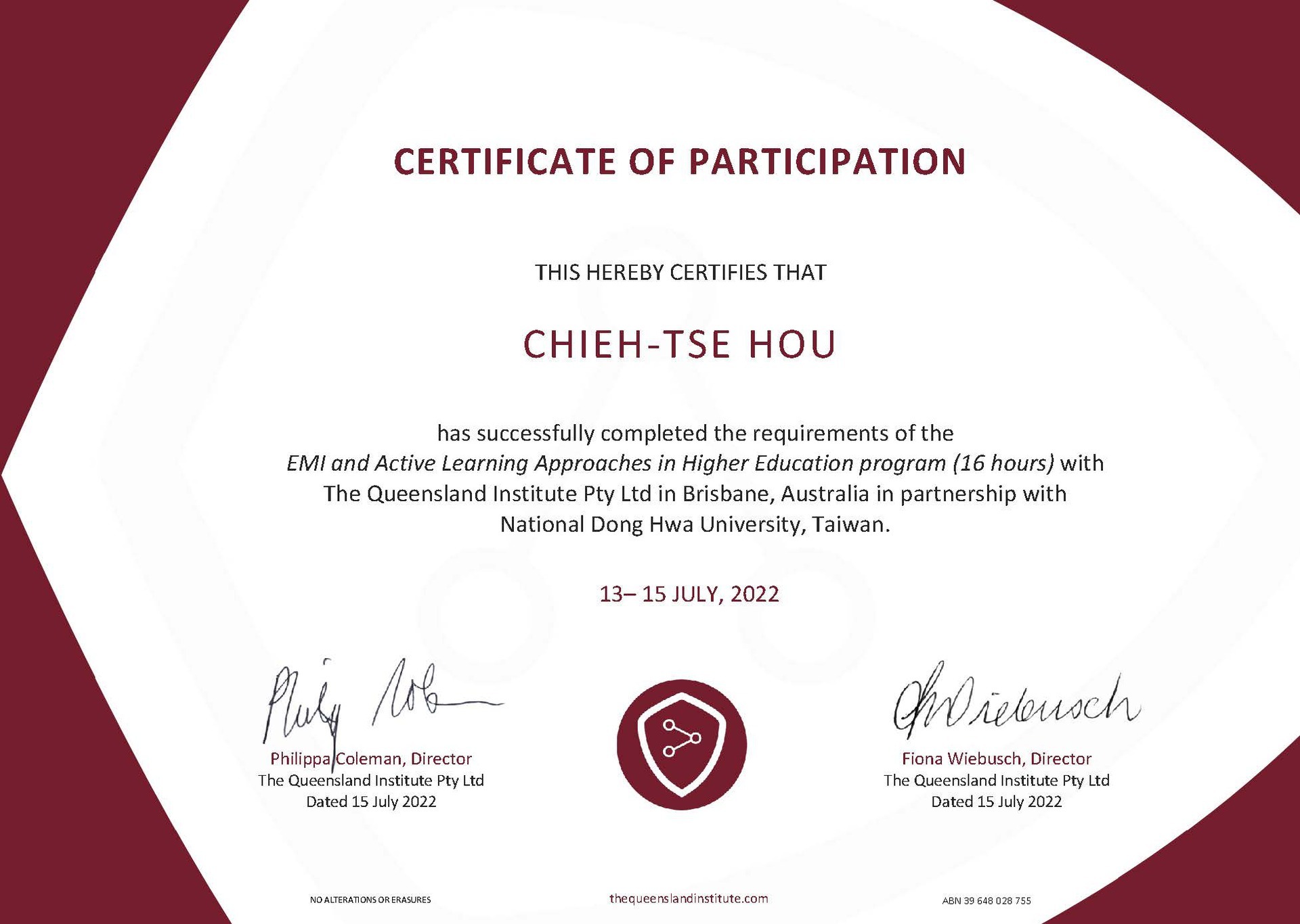 財金系侯介澤老師「EMI and Active Learning Approaches in Higher Education」證書
