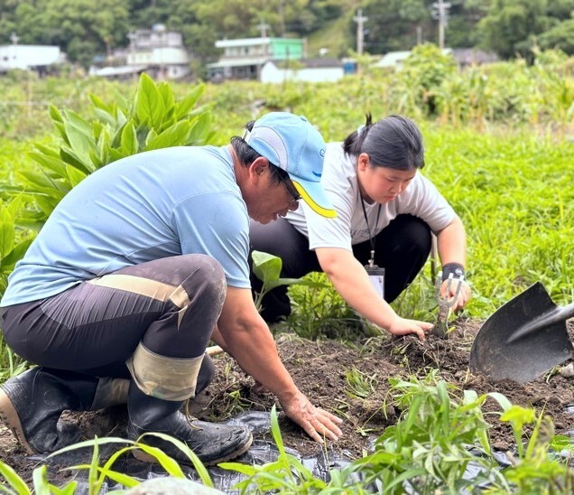 學生在安哥指導下進行開心農場的整修作業