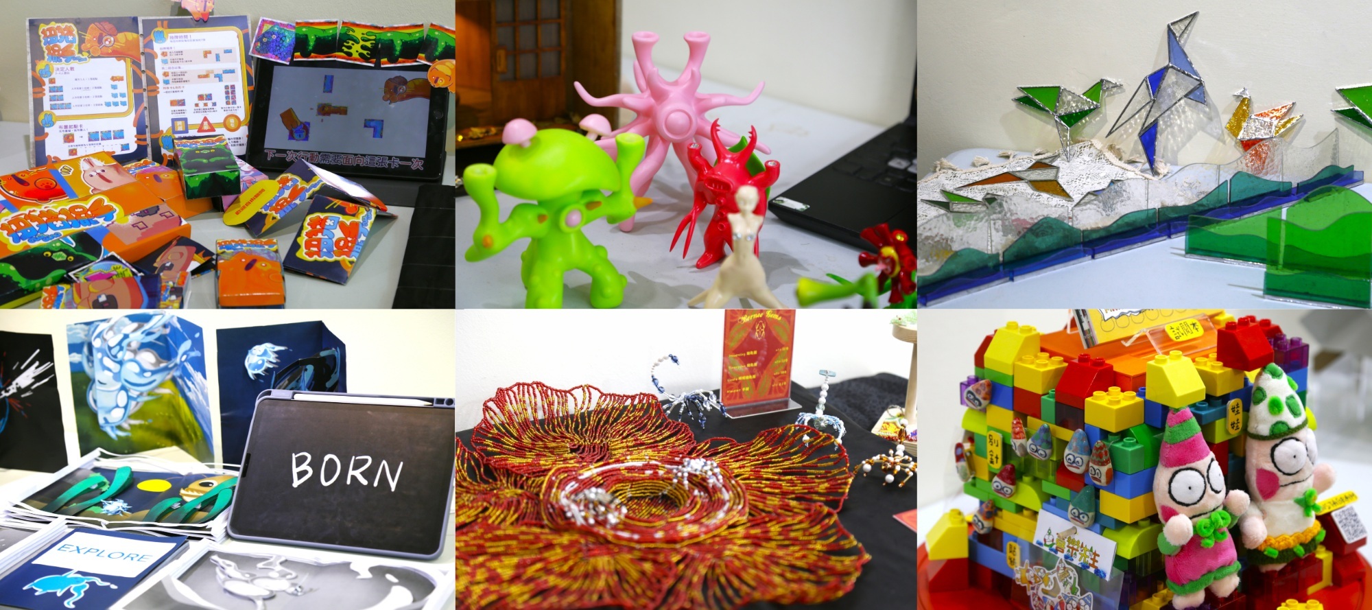 多元媒材作品,包含3D列印、平面設計、串珠工藝等多元技術