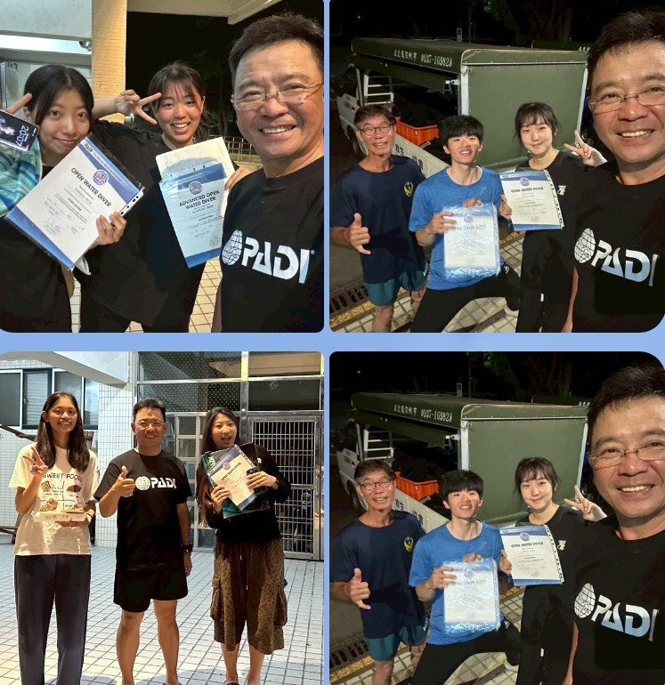 同學取得PADI牆上證書-與朱總教練合影