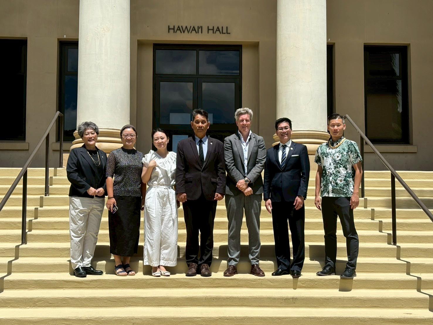 徐輝明校長率團訪問姊妹校夏威夷大學馬諾阿分校,與該校學術事務副校長兼教務長 Dr. Michael Bruno(右三)及團隊合影