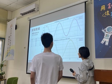 實驗數據與理論比較。學員展示實驗數據與理論曲線的比較,以圖表說明研究結果,呈現以量測資料檢視模型的探究過程