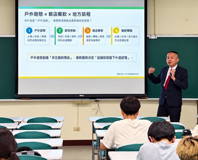 葉士賢經理以實務案例分享餐旅職涯所需能力,連结戶外遊憩舆地方創生